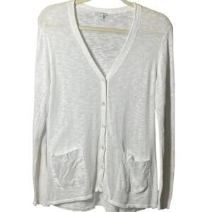 PUREJILL Women’s Cotton/Linen Cardigan, Buttoned Up, 2 Pkt, Long Slv, White, M.